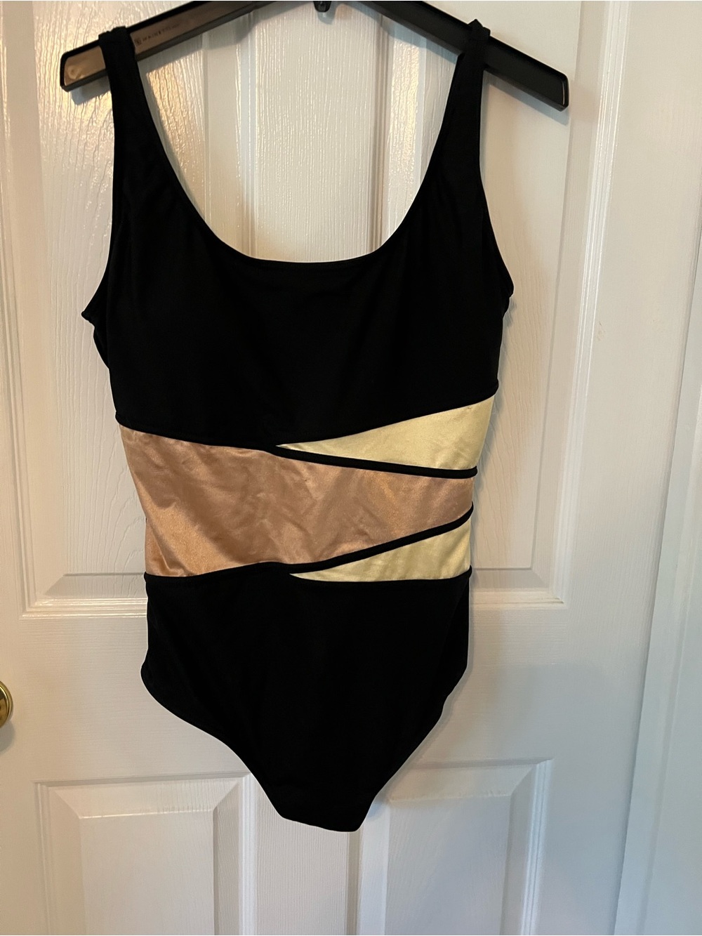 Suit Yourself Black One-Piece Swimsuit with Metallic Gold and Taupe Panels